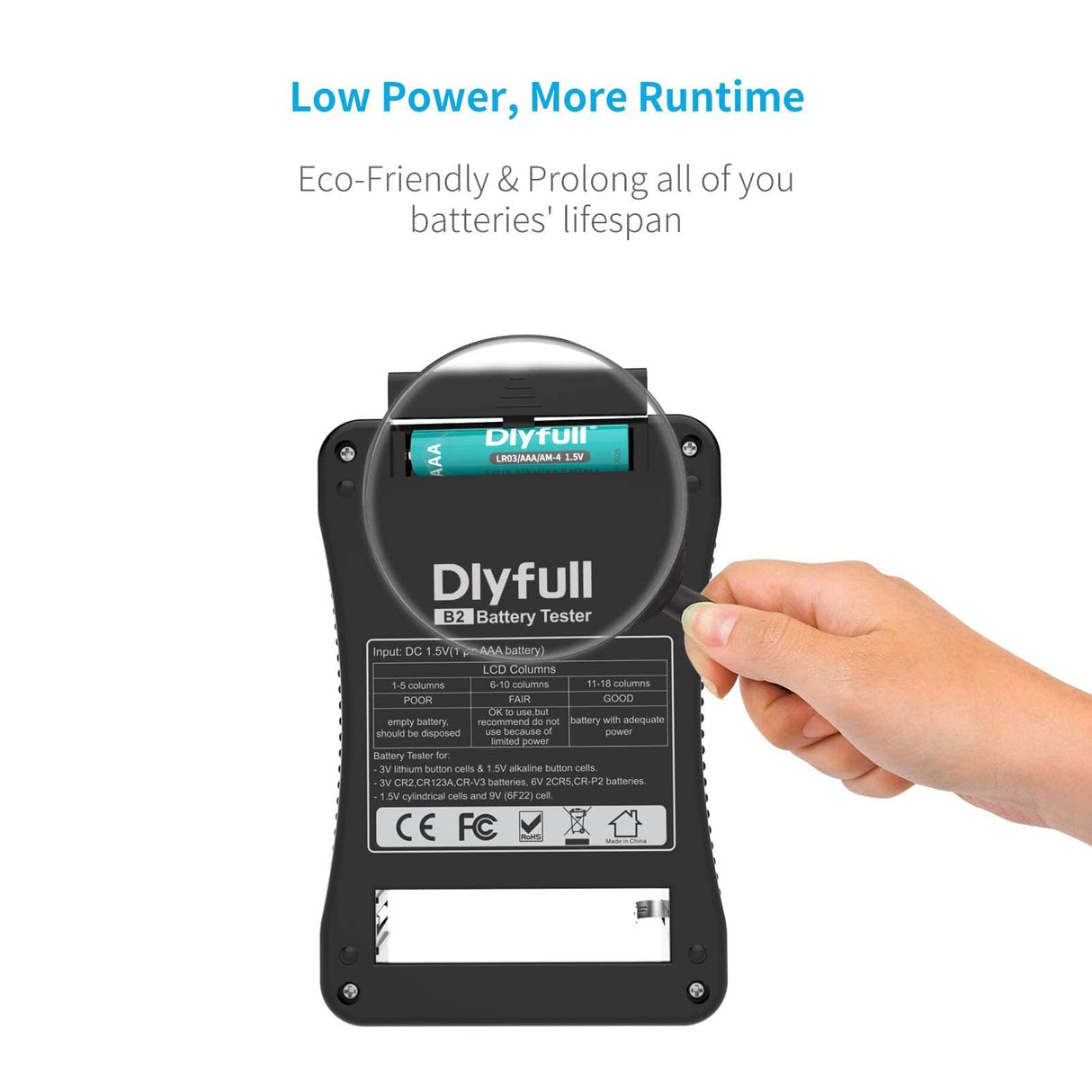 Dlyfull Battery Tester, LCD Display Universal Battery Checker for AA AAA C D 9V CR2032 CR123A CR2 CRV3 2CR5 CRP2 1.5V/3V Button Cell Batteries, 1x AAA Batteries Included