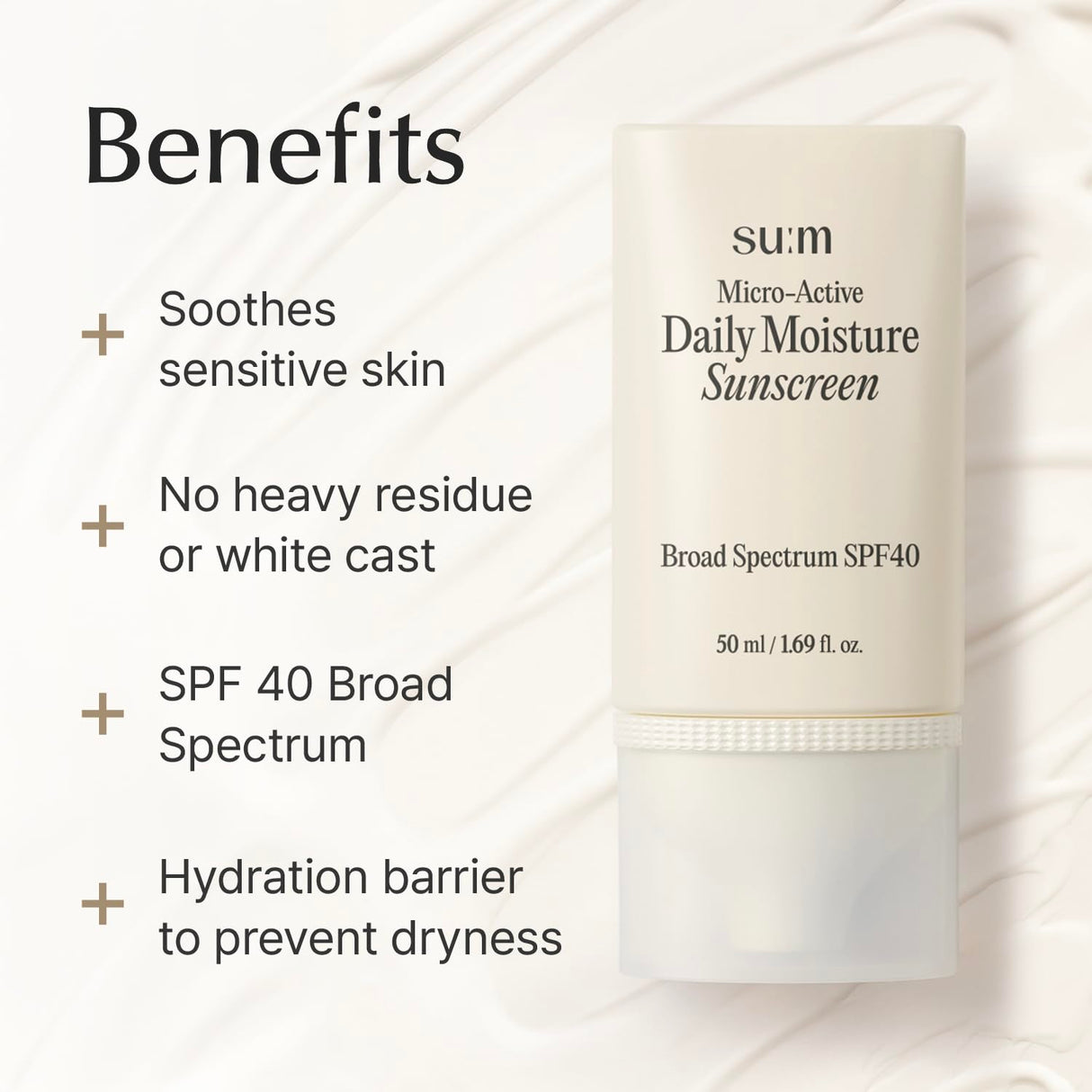 SU:M Micro-Active Daily Moisture Sunscreen (1.69fl oz) - Korean Skincare SPF 40 for UV Protection, Hydration, Soothing Sensitive Skin, No White Cast. With Biopeptide190 & Niacinamide.