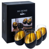 MyGift Black and Gold Stemless Wine Glasses Set of 4 - Elegant Christmas Gift Set with Luxe Metallic Finish, 18oz Modern Barware