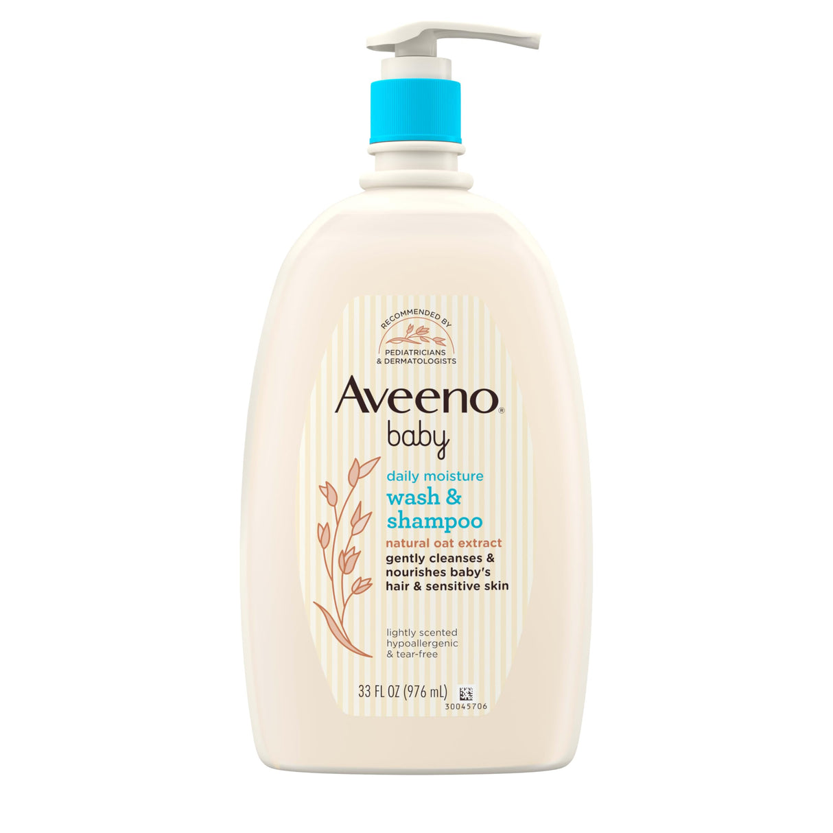 Aveeno Baby Daily Moisture Gentle Bath Wash & Shampoo with Natural Oat Extract, Hypoallergenic, Tear-Free & Paraben-Free Formula For Sensitive Hair & Skin, Lightly Scented, 33 fl. oz