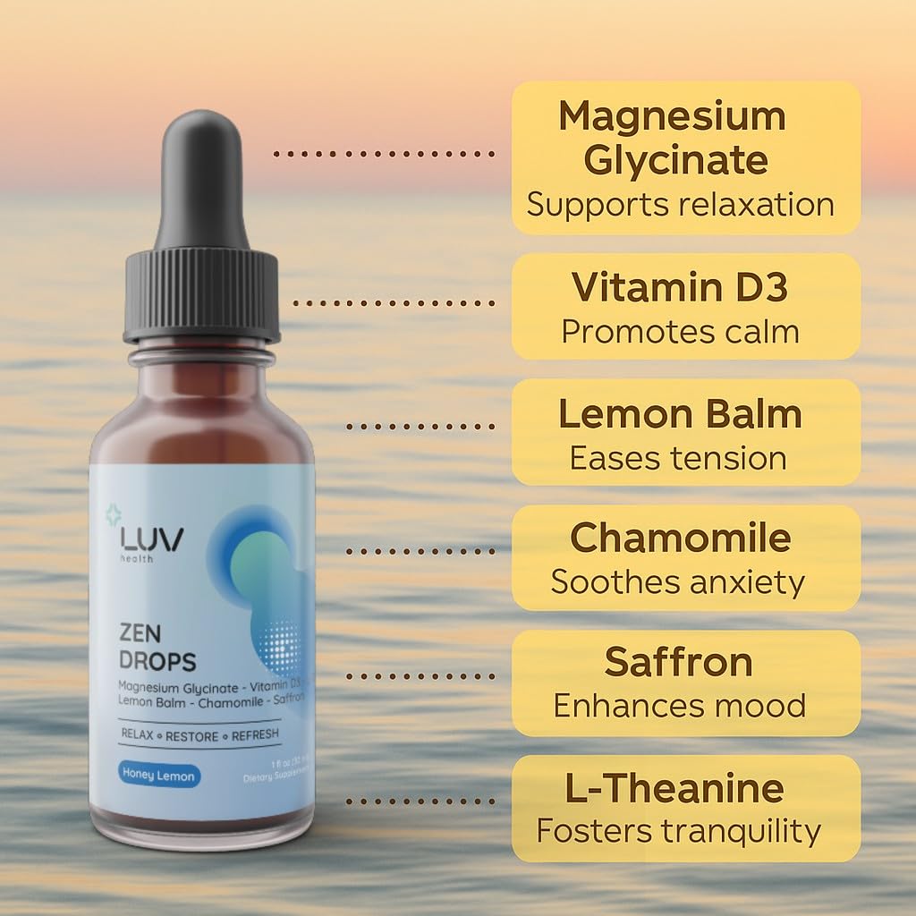 LUV Zen Drops – Botanical Liquid Blend with Magnesium Glycinate, Vitamin D3 & Herbal Extracts for Everyday Balance – Vegan, Non-GMO, USA Made, 30 Servings