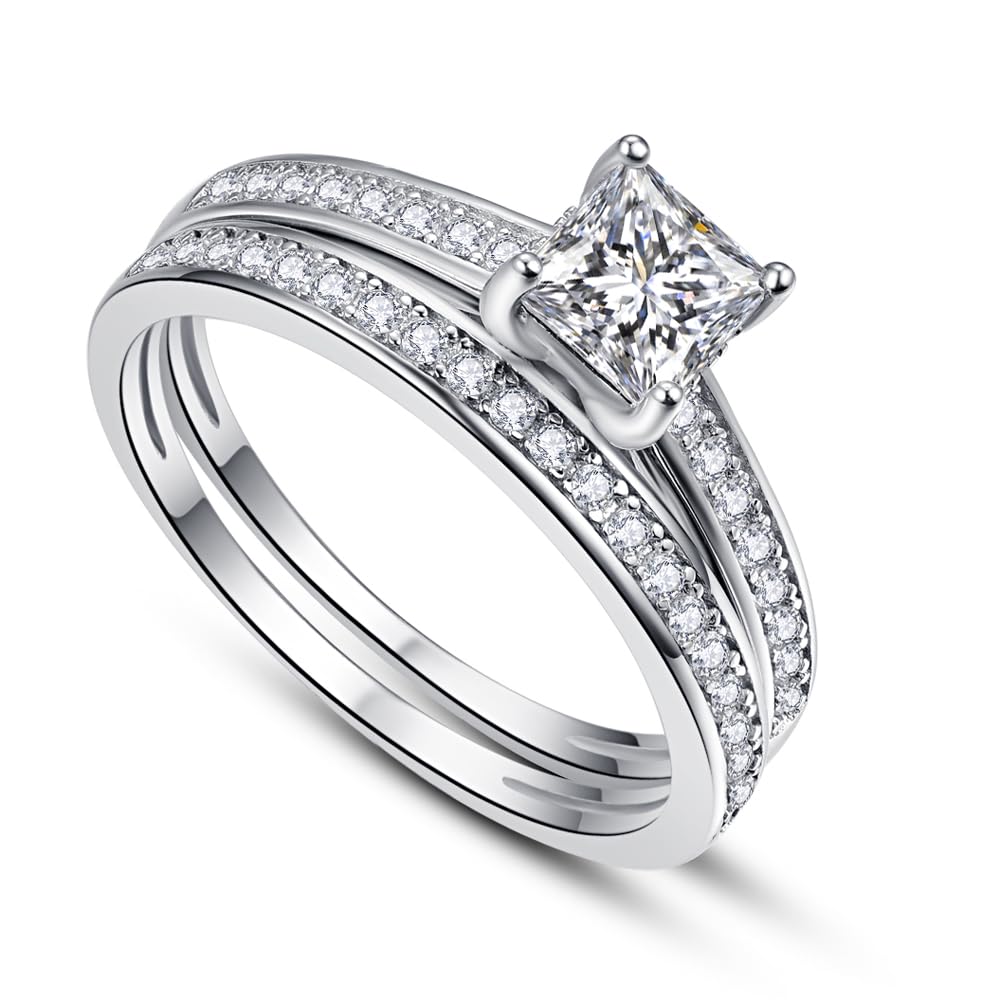 AVECON 1.35ct Princess Cut Engagement Ring 925 Sterling Silver Wedding Band Set for Women Cubic Zirconia Bridal Sets Size 6