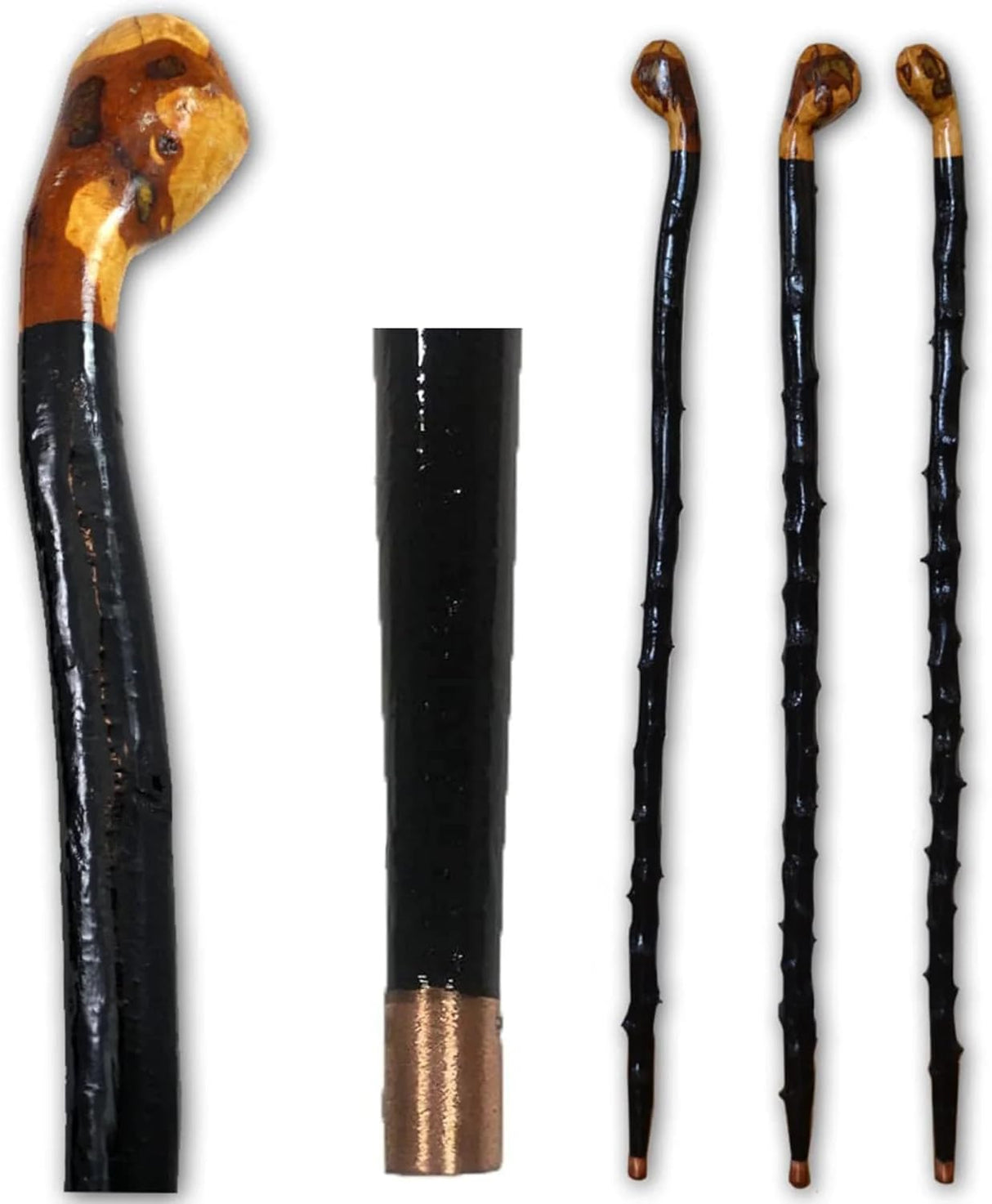 Imported Shillelagh Wooden Irish Walking Stick, Handcrafted 100% Blackthorn Lightweight Wood Cane, Handles All Unique, Black High Gloss Lacquered, Made in Ireland 36"