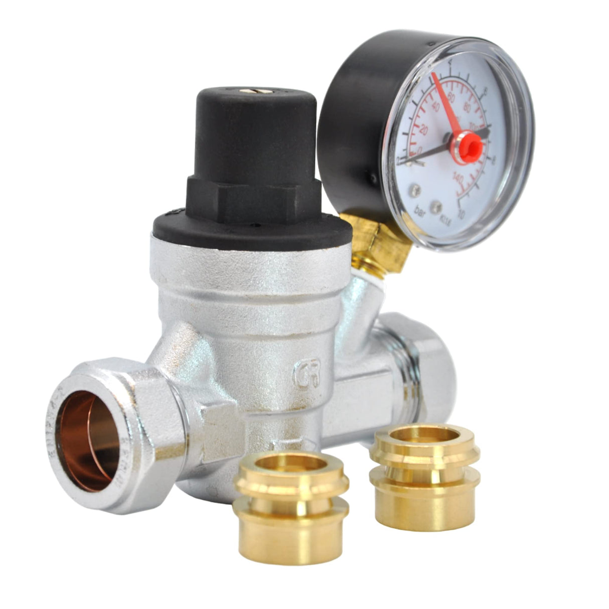 Kudos-Trading - Water Pressure Reducing Regulator Valve for 22mm Compression & 15mm Copper Piping Adjustable 1-6 Bar Brass Adjustable Pressure Reducing Valve with Gauge.