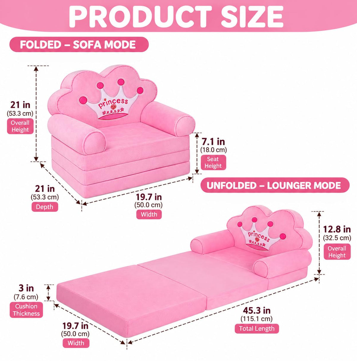 MOONBEEKI Kids Couch Fold Out, Foldable Princess Chair for Toddlers, Pink