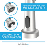 Bächlein Nedo Kitchen Faucet - 360° Rotatable (Brushed Stainless Steel) - Single Lever Mixer Tap Made of Stainless Steel with Flexible Neck and Shower with Switch Knob, Tap for Kitchen
