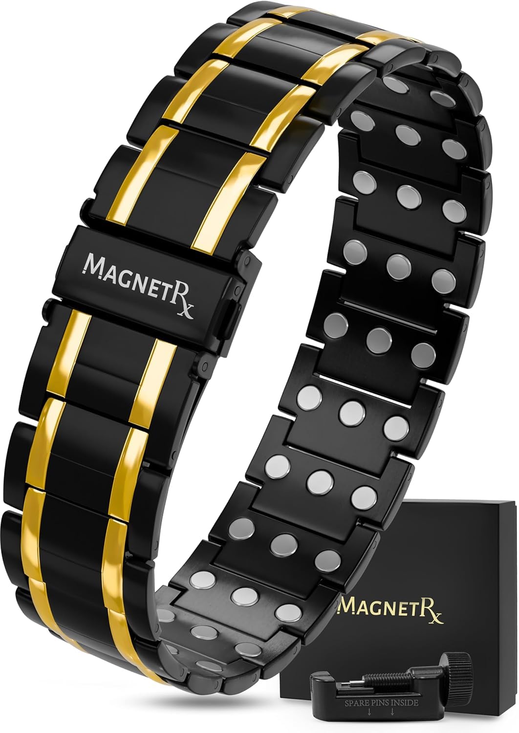 MagnetRX® 3X Strength Titanium Magnetic Bracelet – Magnetic Bracelets for Men – Premium Fold-Over Clasp and Adjustable Length with Sizing Tool (Black/Gold)