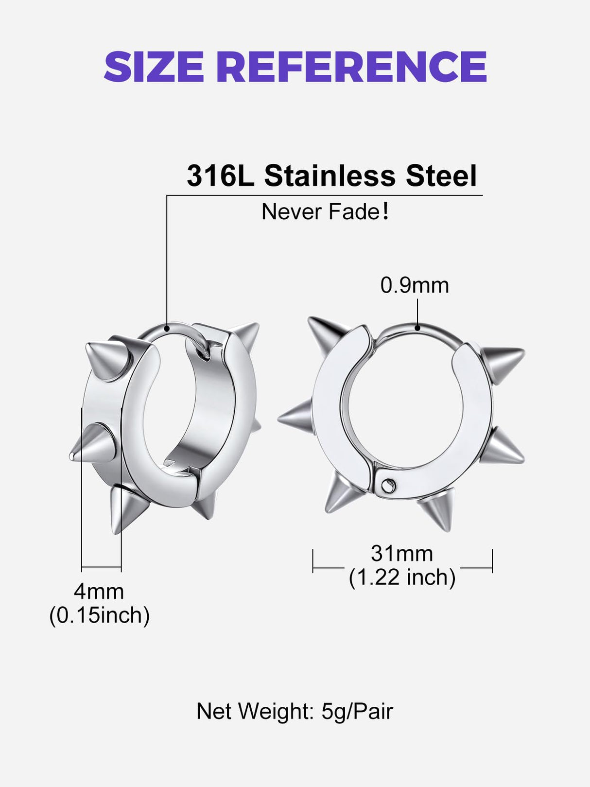 Richsteel Silver Hoop Earrings for Men, Stainless Steel Punk Spike Earrings
