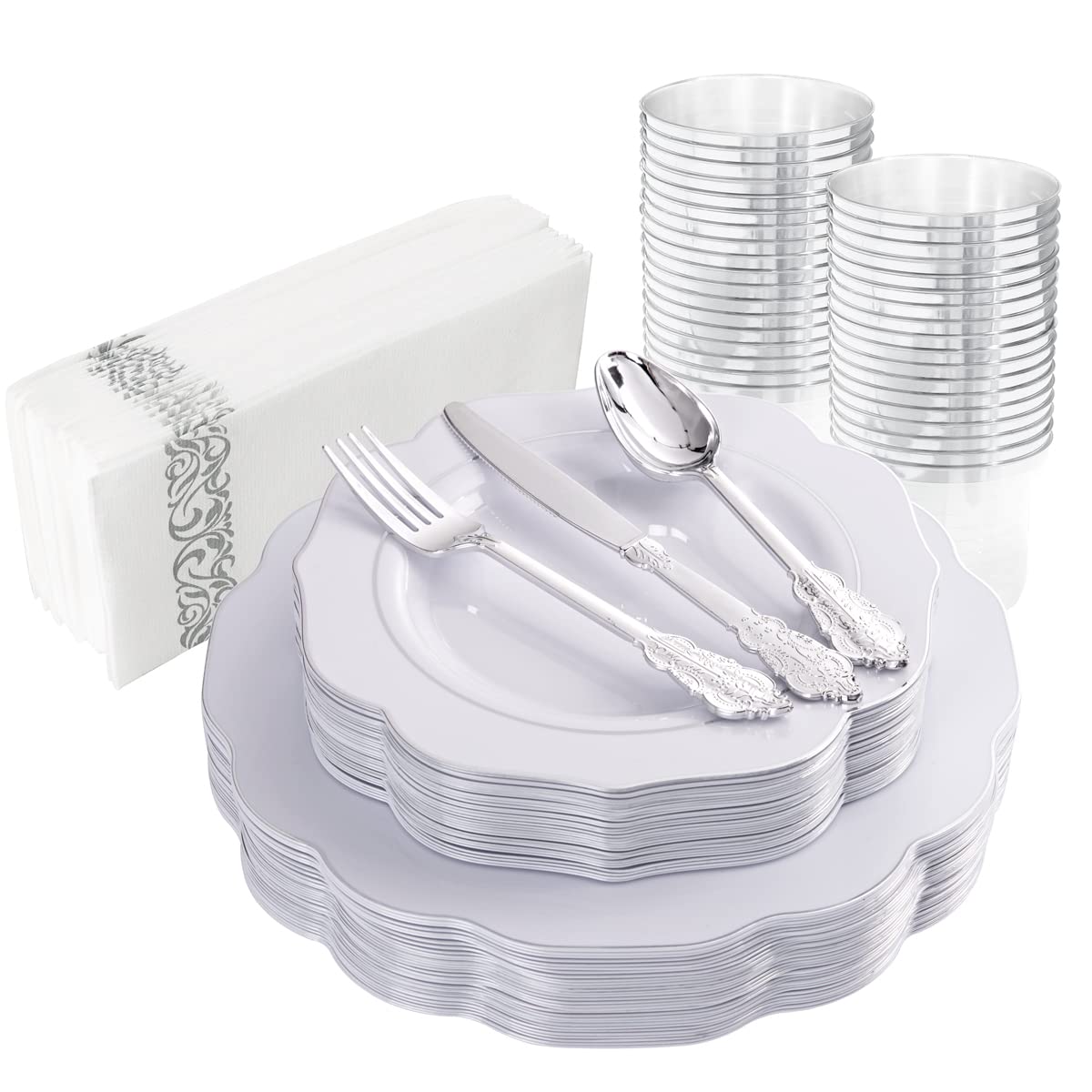 NOCCUR 175pcs Silver Plastic Plates - Silver Rim Plastic Tableware Include 25 Dinner/Dessert Plates, 25 Forks, 25 Knives, 25 Spoons for Wedding/Party/Christmas