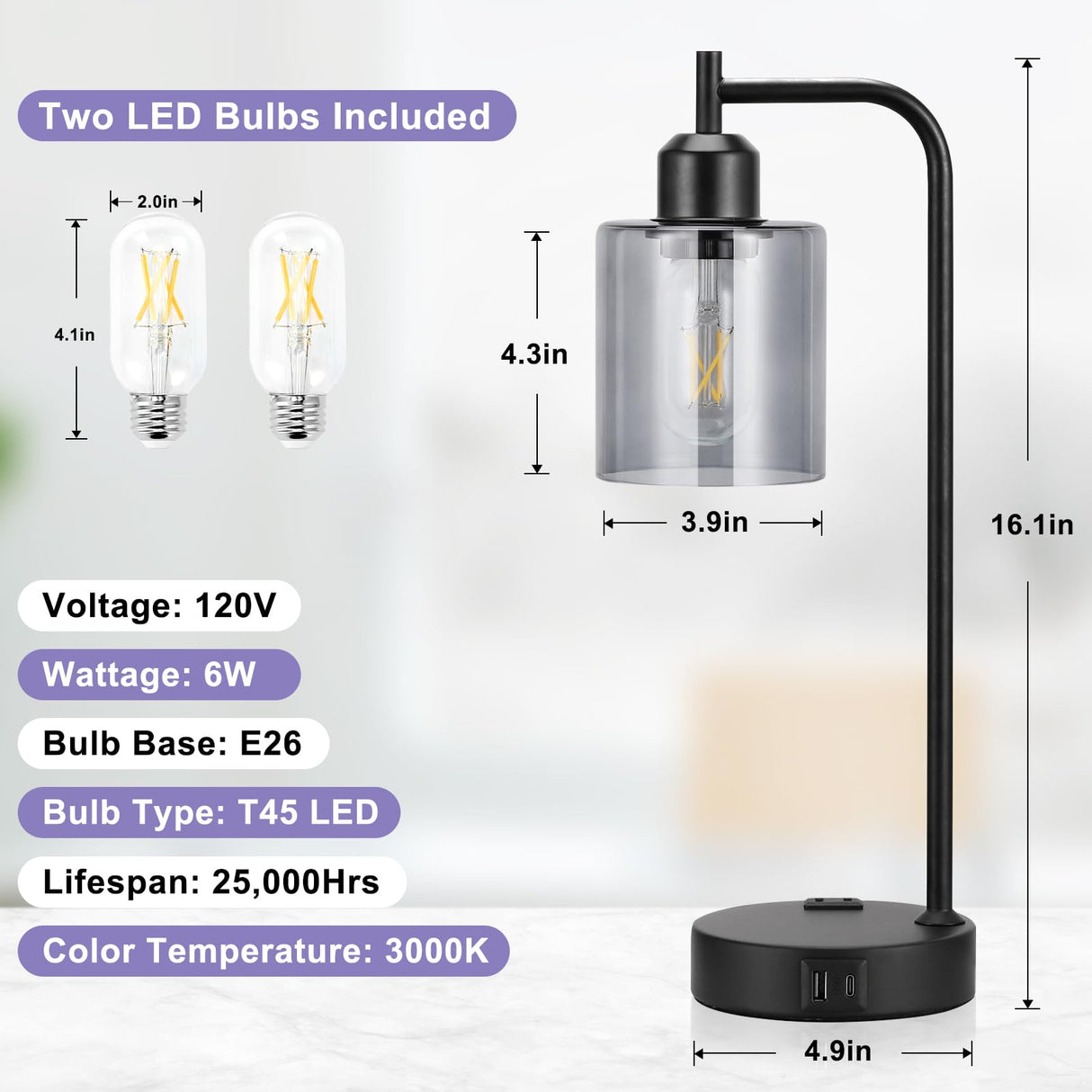 Innqoo Industrial Touch Table Lamps for Bedrooms Set of 2-3-Way Dimmable Lamps with USB C+A Ports and Outlet, Copper Bedside Lamps with Clear Glass Shade for Living Room, Desk Lamps for Home Office