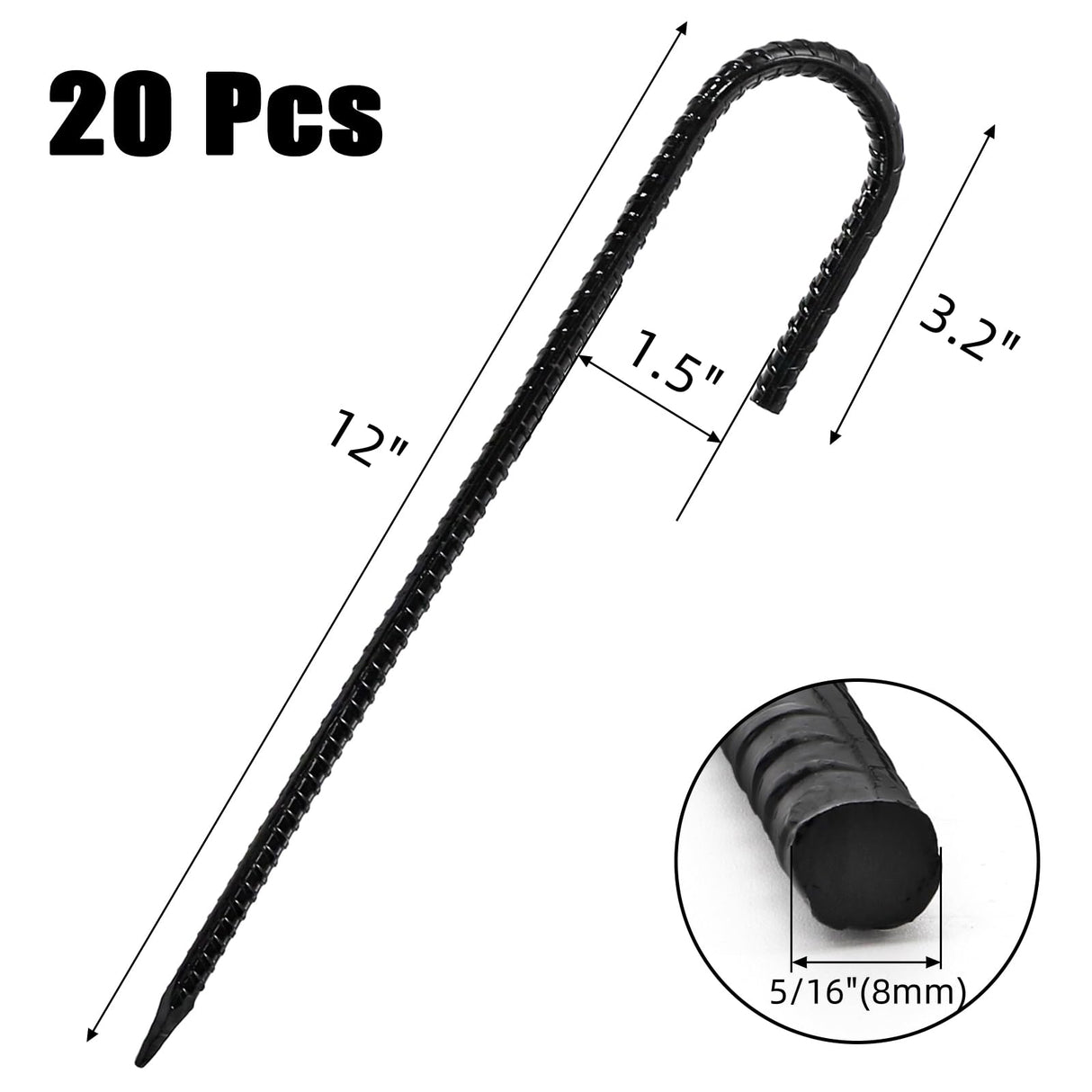 Hacaroa 20 Pack 12 Inch Rebar Stakes Heavy Duty, J Hook Ground Anchors Metal Tent Stakes, Steel Garden Stake for Camping, Canopies, Chain Link Fences, Trampolines, Black