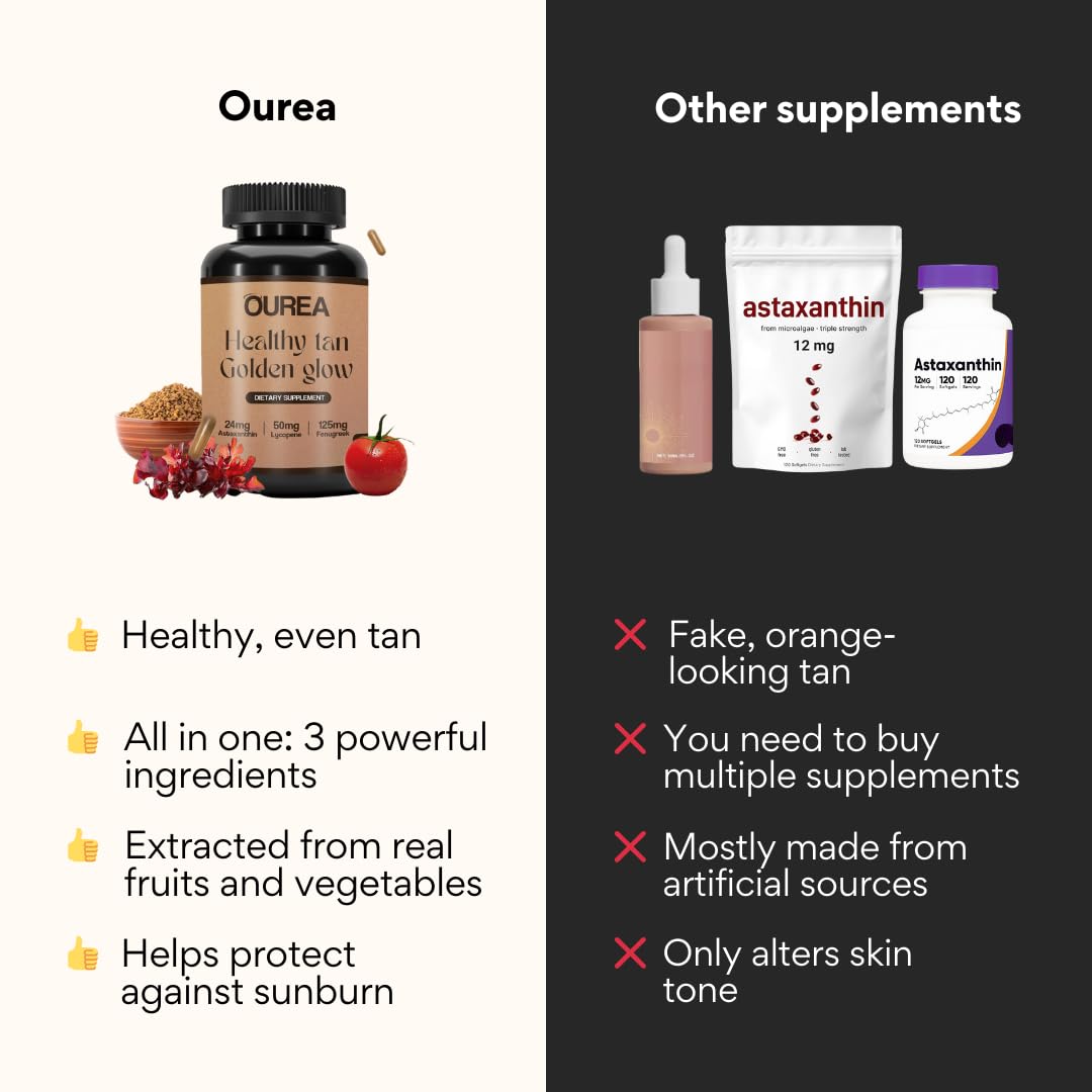 Ourea Carotenoid Golden Glow Tanning Pills (30 Capsules) Tan Pills for Men and Women Supplements - 3 in 1 Blend - Enhance Skin Tone & Support Wellness - Supplement for Adults