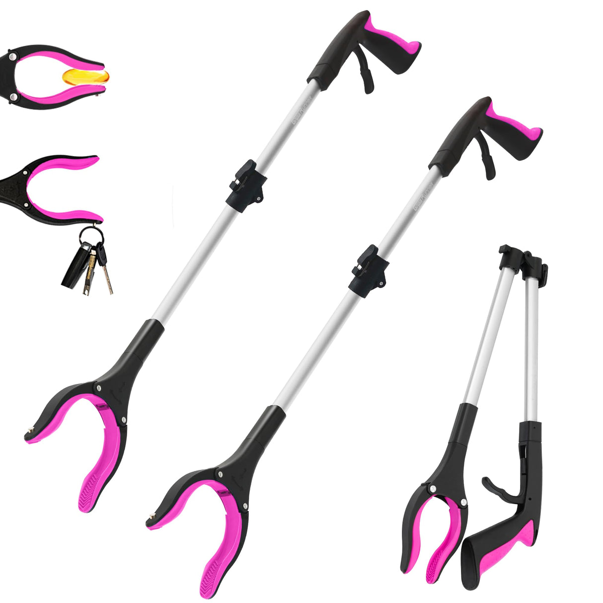 2 Pack 32 inch GrabRunner FDA Registered Reacher Grabber Tool with Strong Magnetic and Swivel Head (New Pink)
