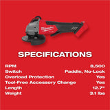 Milwaukee 2880-20 M18 Fuel Brushless Lithium-Ion 4-1/2 in. / 5 in. Cordless Small Angle Grinder with No-Lock Paddle Switch (Tool Only)