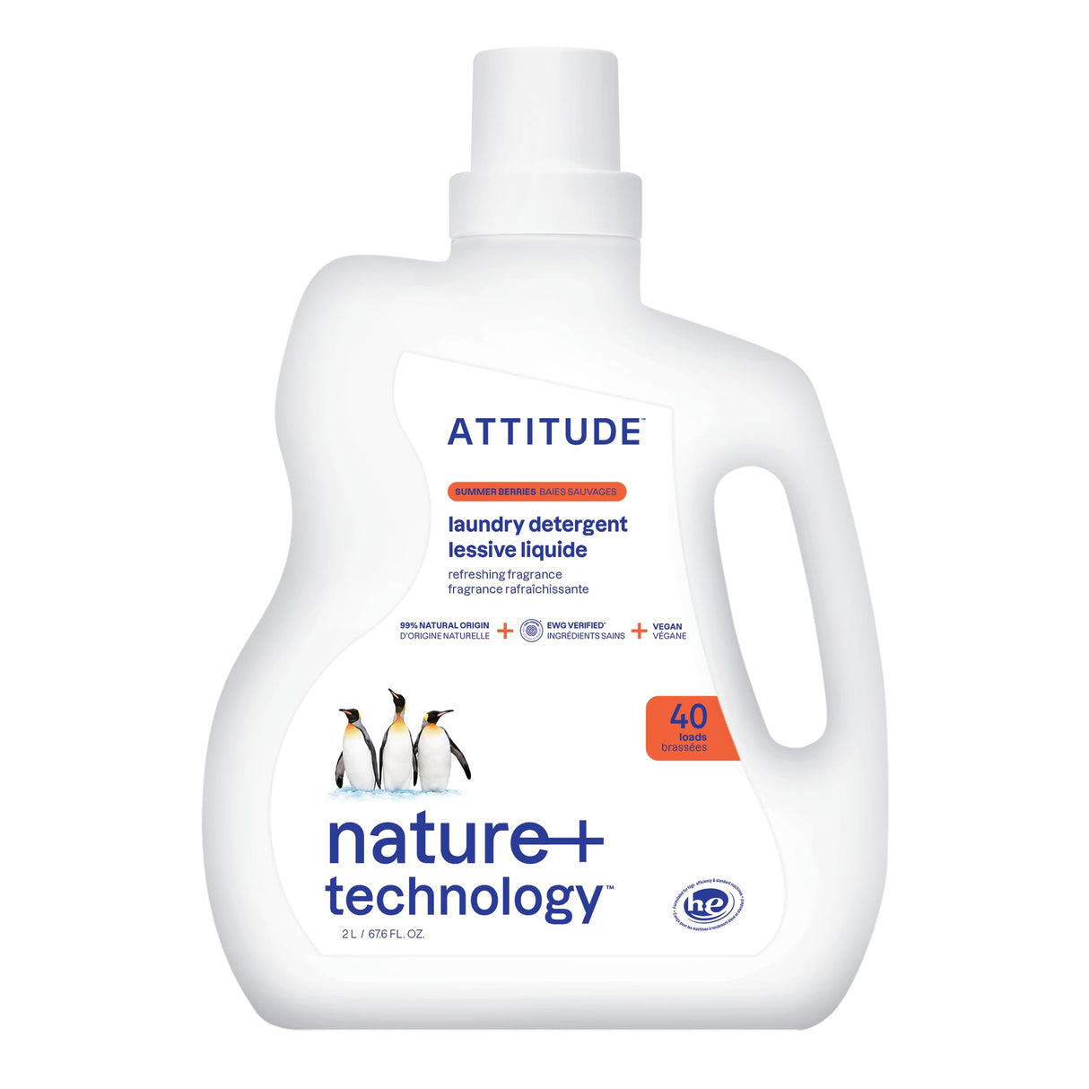 ATTITUDE Liquid Laundry Detergent, EWG Verified, HE Compatible, Plant-Based & Vegan, Natural Laundry Soap, Summer Berries Scent, 40 Loads, 67.6 Fl Oz