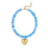 WOWORAMA Chunky Heart Necklace for Women Light Blue Resin Beaded Necklaces with Puffy Heart Pendant Chunky Statement Necklace Boho Trendy Summer Jewelry