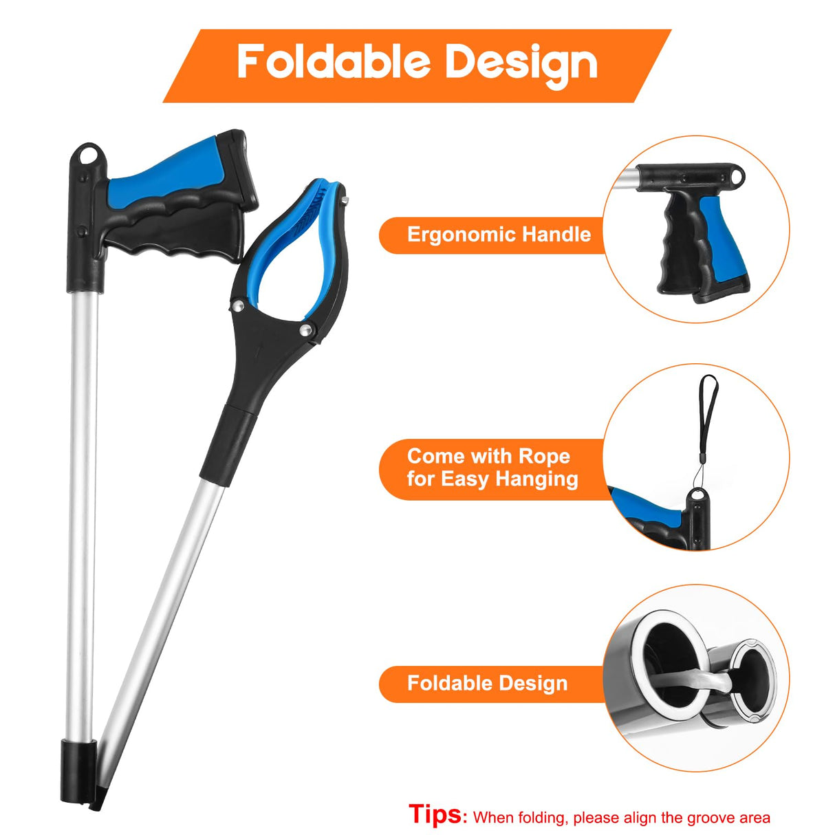 TOPGROT 2-Pack Grabber Reacher Tool, 34" Foldable Reacher Grabber Pickup Tool with 360° Anti-Slip Rotating Jaw & Magnets, 4" Wide Claw Opening Reachers for Seniors, Trash Picker Tool