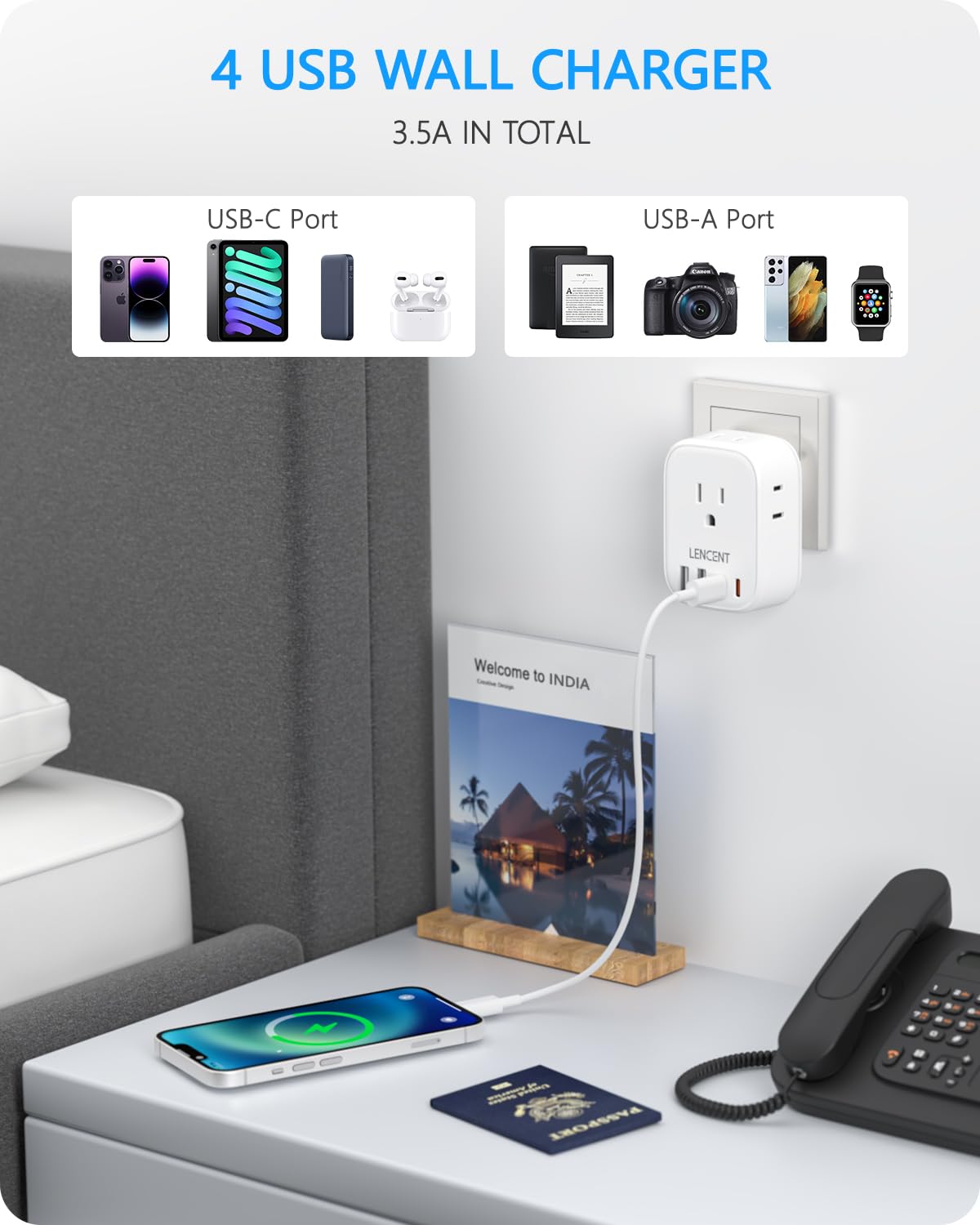 LENCENT US to India Power Plug Adapter, Indian Travel Adaptor with 4 O ...