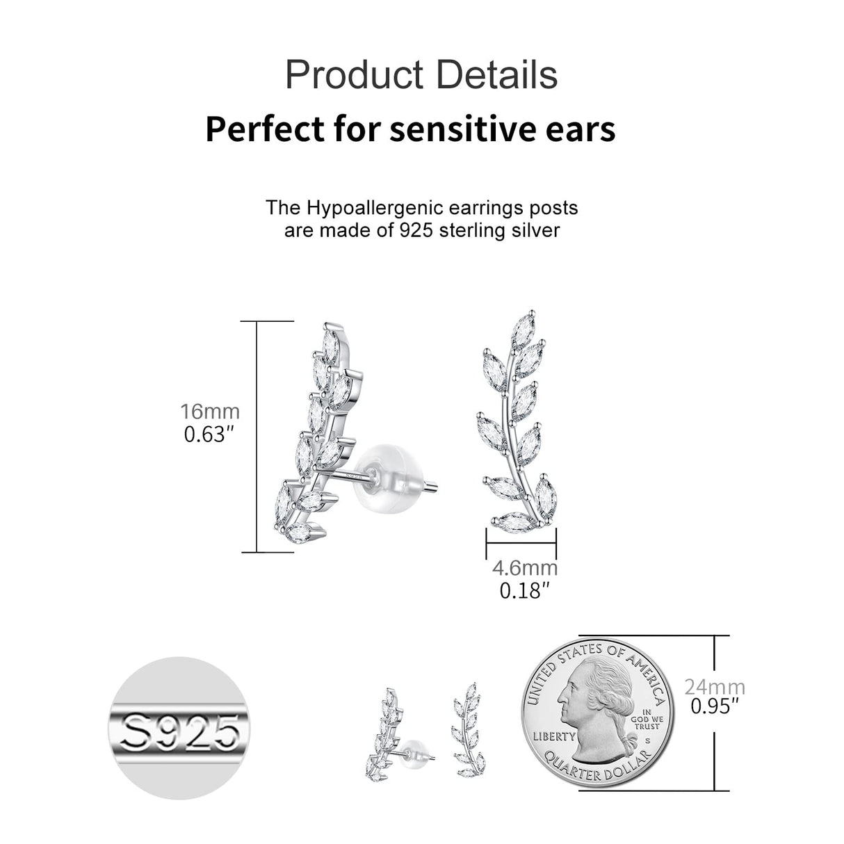 JSGEMSLEE Leaf Stud Earrings Ear Climber Earrings for Women Cubic Zirconia Ear Crawler Earrings Hypoallergenic Cartilage Jewelry