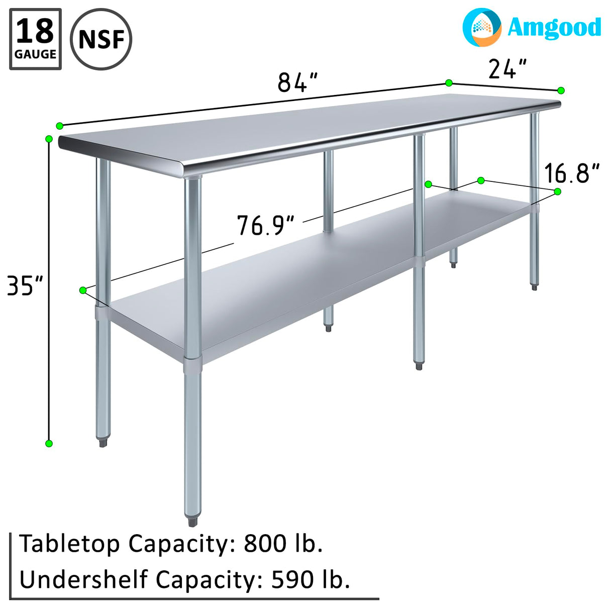 AmGood 24 in. x 84 in. Stainless Steel Work Table | Metal Kitchen Food Prep Table | NSF