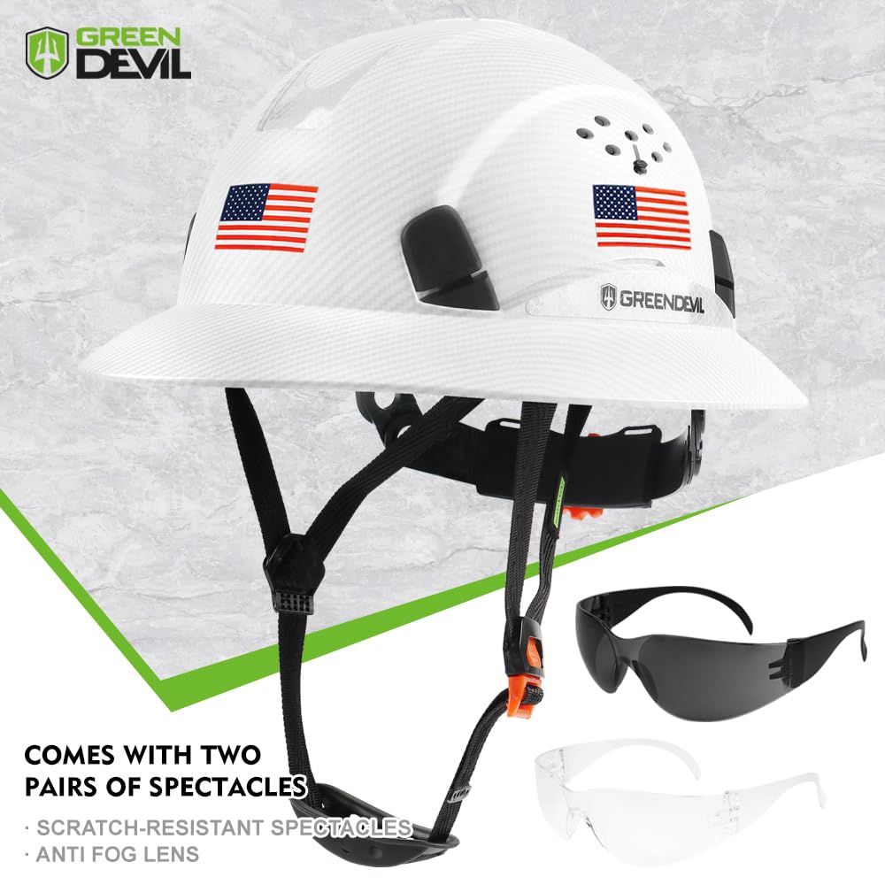 GREEN DEVIL Full Brim Hard Hat Vented Construction Safety Helmet OSHA Approved Cascos De Construccion Work Hardhat for Men&Women 6 Point Adjustable Ratchet Suspension Custom Pattern Design