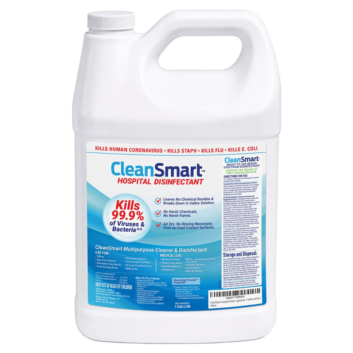 CleanSmart Hospital Disinfectant, Kills 99.9% of Viruses and Bacteria, Hypochlorous Acid Technology, EPA Registered, 4 Gallons (HOCL)