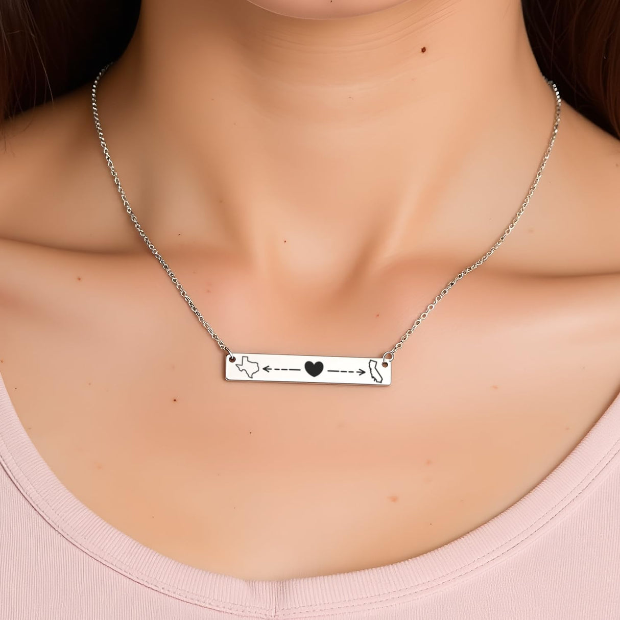 Personalized Long Distance Necklace Custom State Country Engraved Bar Pendant Stainless Steel Adjustable Cable Chain Jewelry for Couples Family Friends Deployment Relationship Keepsake