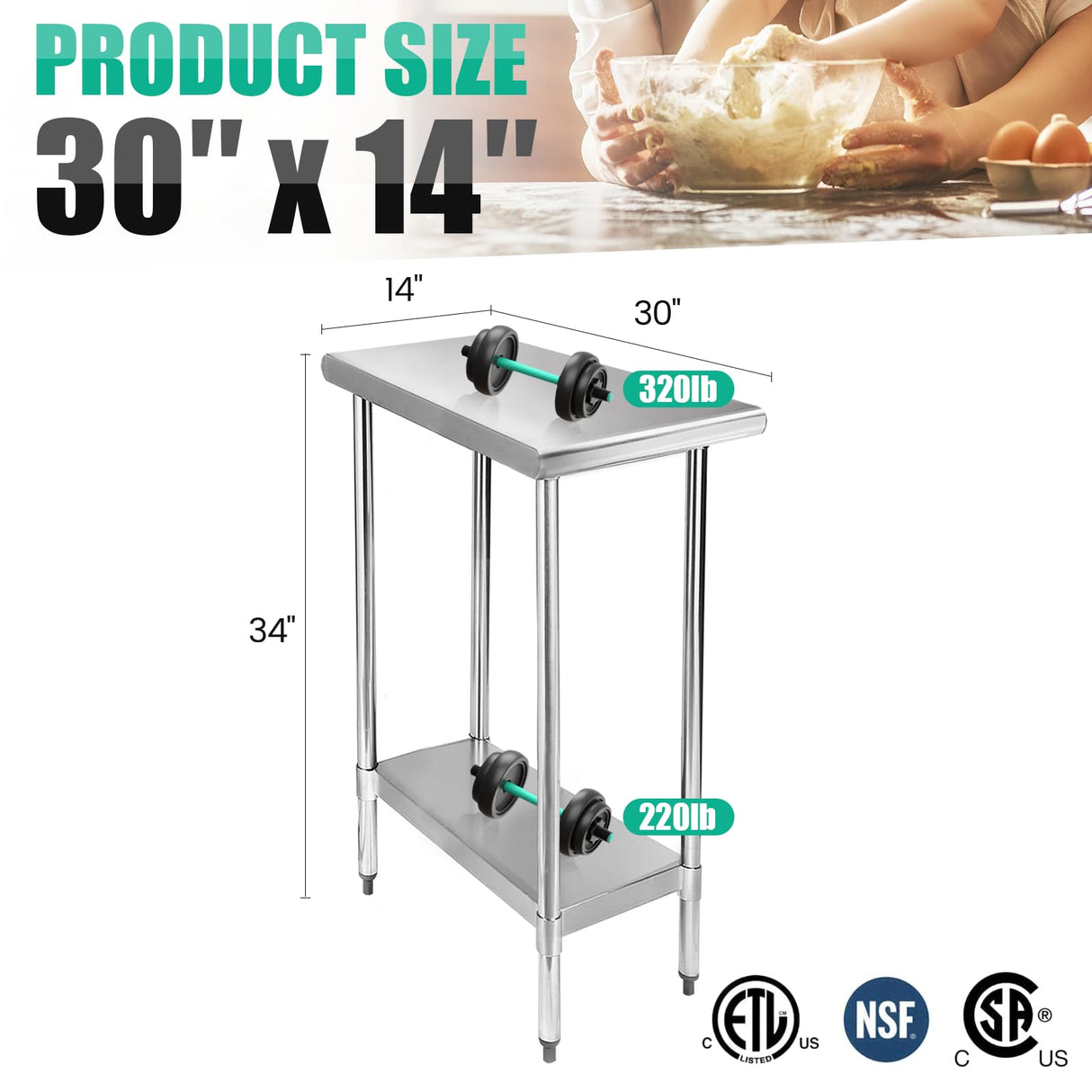 STABLEINK NSF Stainless Steel Table, 30 x 14 Inches Metal Prep & Work Table with Adjustable Undershelf, for Commercial Kitchen, Restaurant, Hotel and Garage,Small Stainless Steel Table