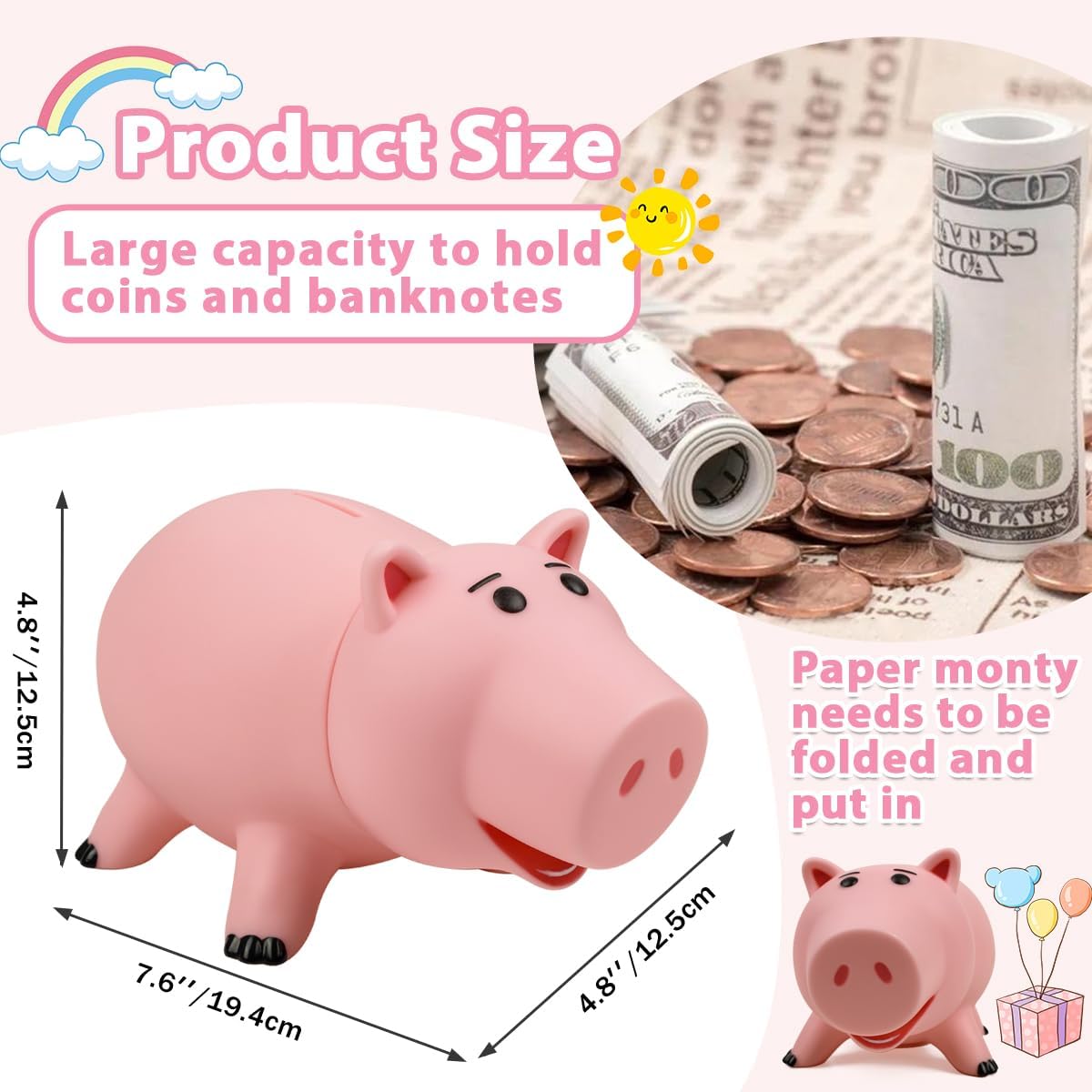 PHOCAS Hamm Piggy Bank Unbreakable Cute Pink Pig Money Bank Plastic Saving Coin Bank for Kids Christmas Birthday Gift