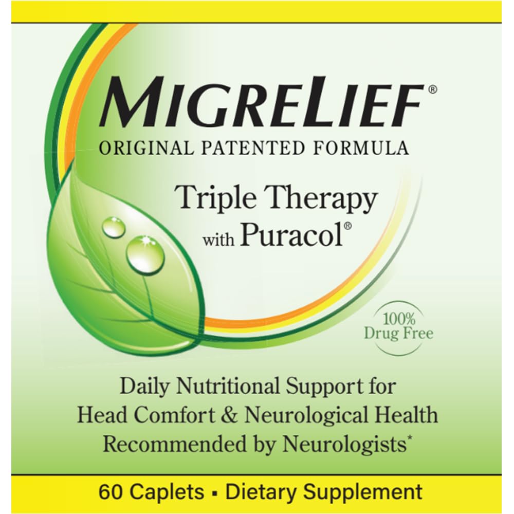 MigreLief Original Triple Therapy with Puracol - Nutritional Support for Migraine Sufferers - 60 Caplets/1 Month Supply