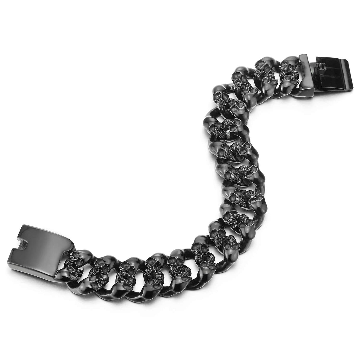 COOLSTEELANDBEYOND Men's Black Stainless Steel Skull Cuban Link Bracelet, Rugged Gothic Biker Chain, Heavy-Duty Jewelry, Secure Box Clasp