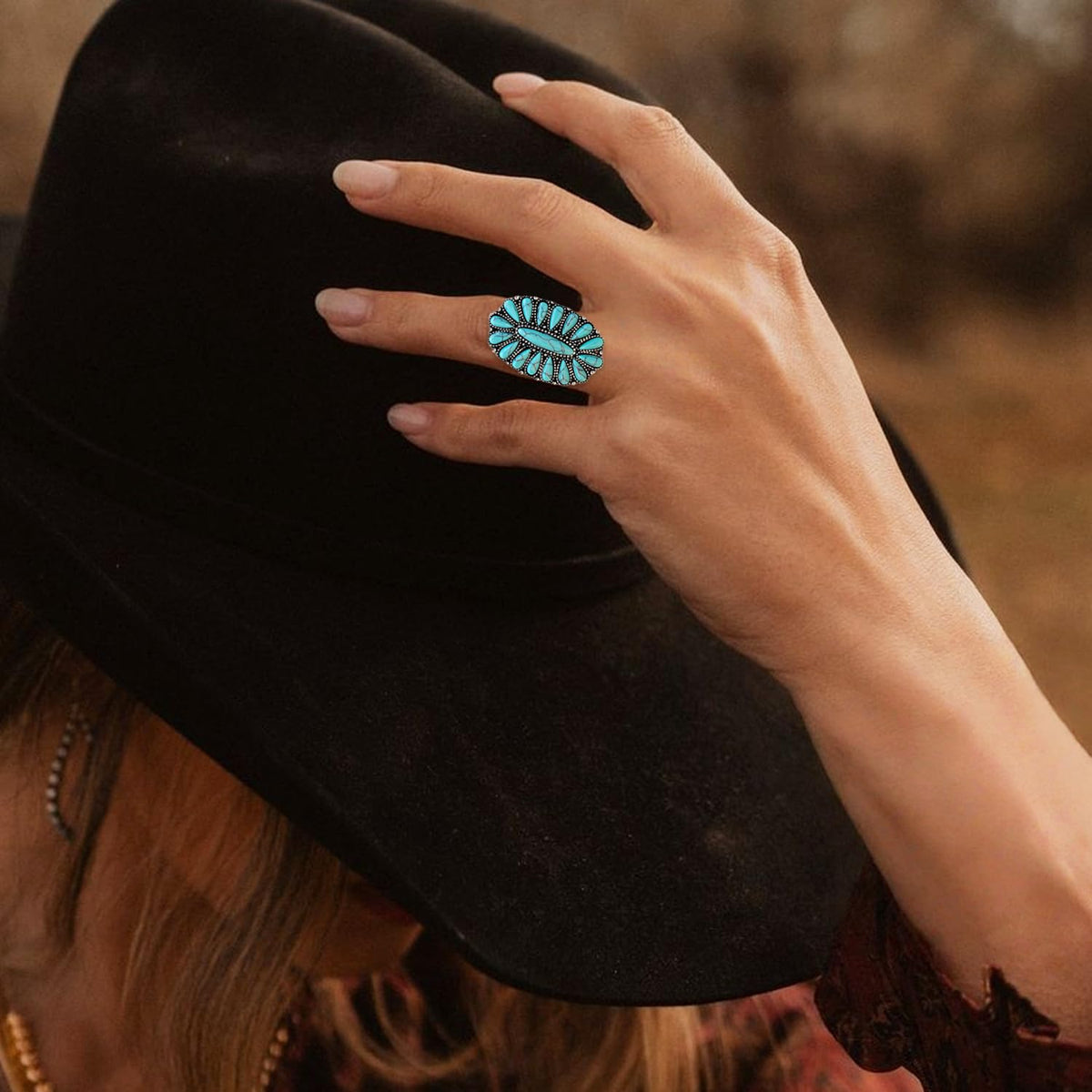 PSAMPMOS Boho Turquoise Rings for Women, Native American Western Large Bohemian Statement Open Adjustable Rings, Sizes 5-10