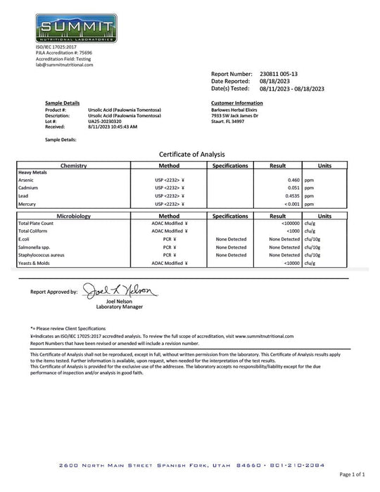 Barlowe's Herbal Elixirs Ursolic Acid Extract | 150mg | 60 Veggie Capsules | Stearate Free | Non-GMO | Glass Bottle | Vegetarian