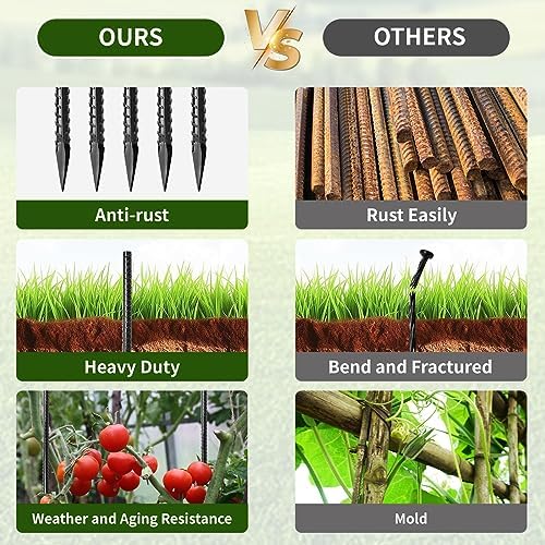 16 inches Ground Rebar Stakes (16 pcs) Heavy Duty Metal Spikes for Concrete Timber Garden Plant, Long Straight Steel Stakes for Tent, 3/8" Thickness Ground Anchors with Chisel Point End, Black