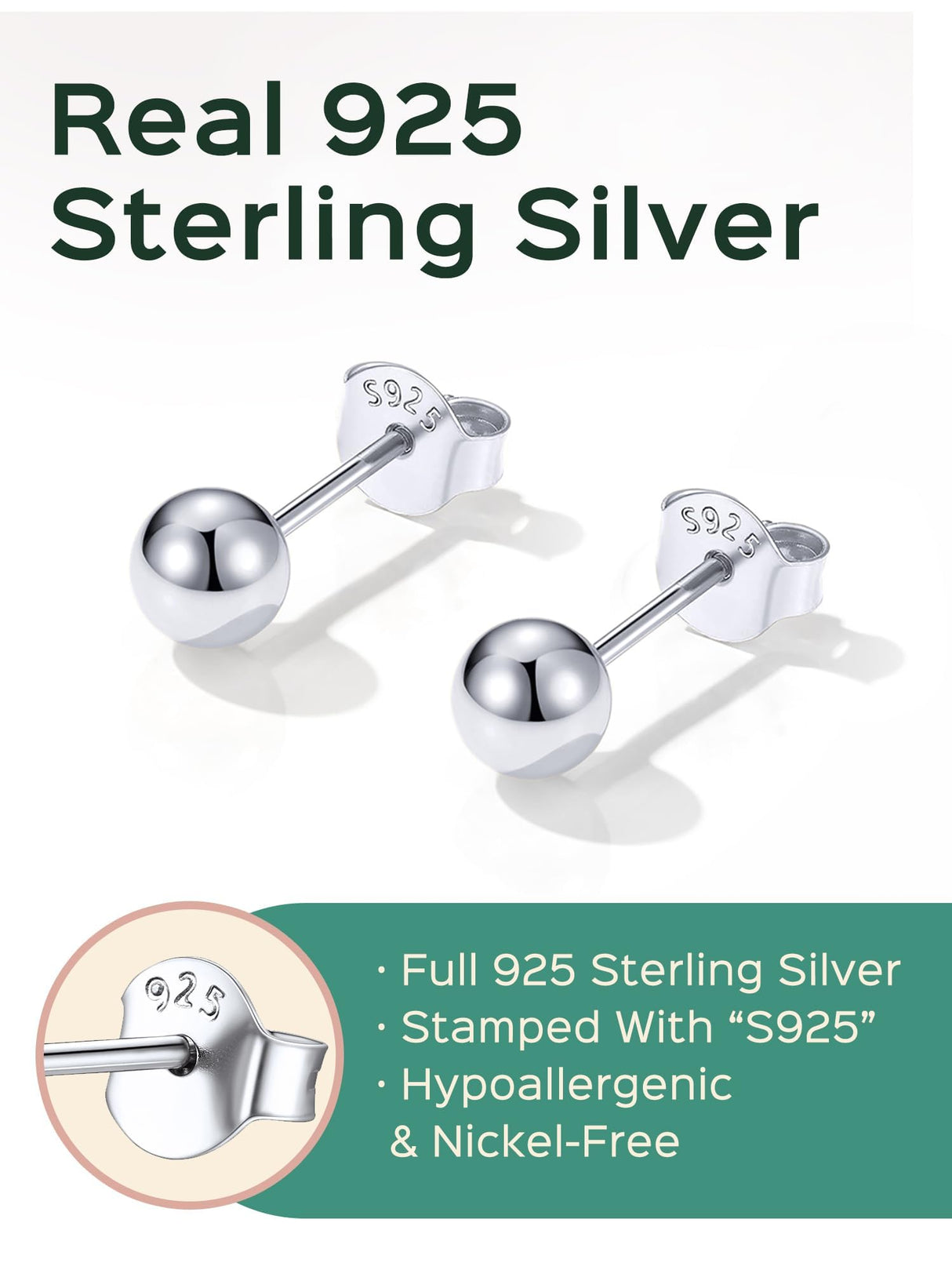 ChicSilver 925 Sterling Silver Ball Stud Earrings for Women, Hypoallergenic Silver Studs, Small Round Ball Earrings 5MM