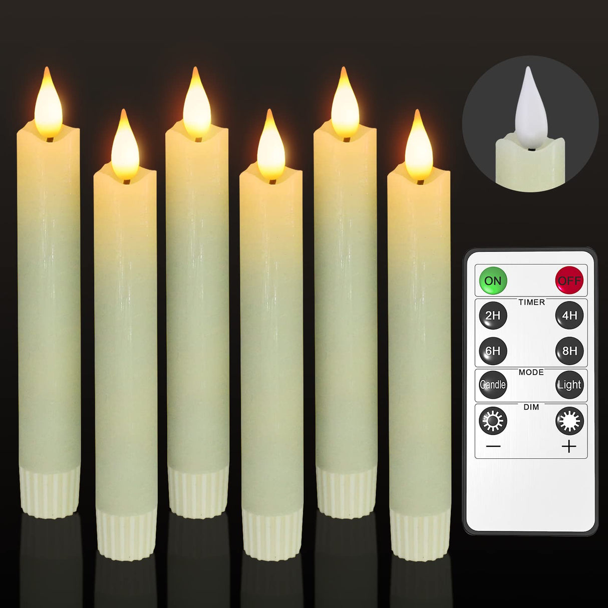 PChero Flameless Flickering Taper Candles with Remote Timer and Dimmer, 6.4 Inch Real Wax Ivory LED Candlesticks Battery Operated for Halloween Christmas Home Wedding Decor
