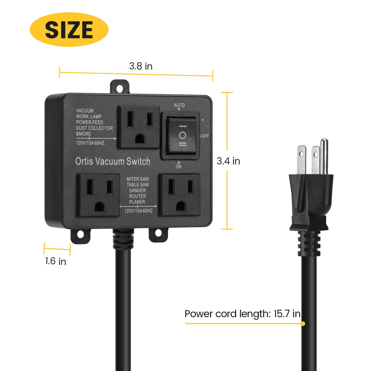 Automatic Vacuum Switch, Ortis Vacuum Switch for More Power Tools, Delay Vacuum On/Off to Prevent Circuit Overload and Tripping, Keep Your Workplace Cleaner, Better for Your Lung, Black