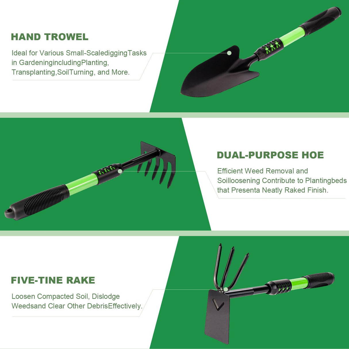 Zenrok Gardening Tool, 3 Pack Lightweight Heavy Duty Spade Shovel, Garden Tools and Hand Rake with Soft Rubber Non-Slip Handle, for Gardenging Planting Weeding Digging, Green ﻿