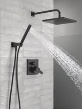 Delta Modern 14 Series Square Rain Shower System Faucet Set, Rainfall Matte Black Shower Head and Handle Set, Valve Trim Kit, 10 Inch, Matte Black 342701-BL
