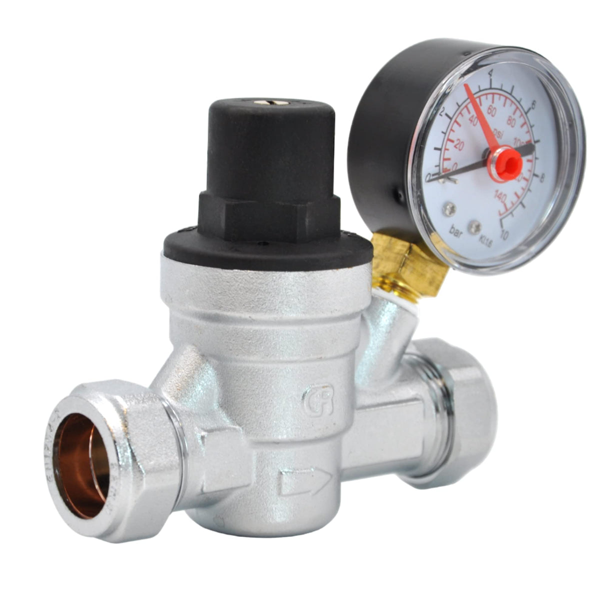 Kudos-Trading - Water Pressure Reducing Regulator Valve for 22mm Compression & 15mm Copper Piping Adjustable 1-6 Bar Brass Adjustable Pressure Reducing Valve with Gauge.
