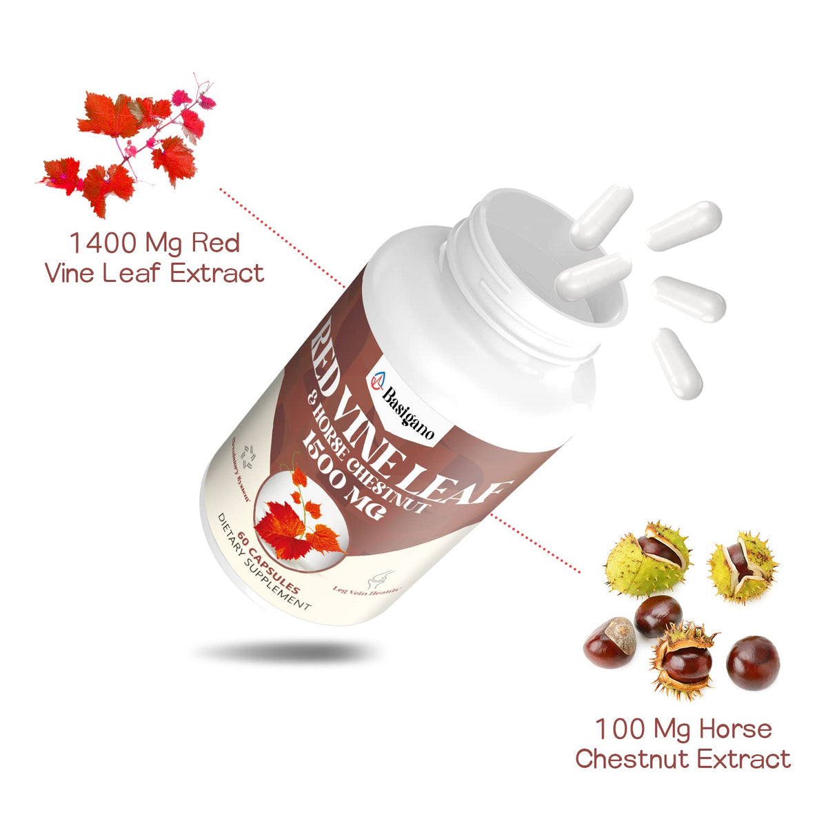 Basigano Red Vine Leaf & Horse Chestnut Extract Capsule Supplements (Vitis Vinifera) 1500mg -Premium Extract for Healthy Veins, Circulation, Heart, Skin