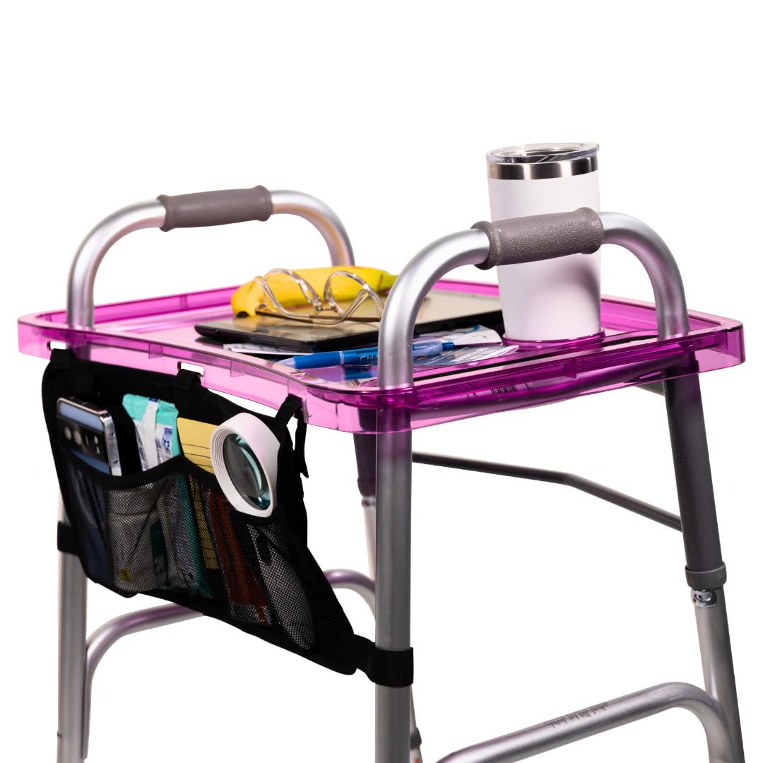 StrongArm Clear View Walker Tray + Bag + Non-Slip Mat & Cup Holder, Tray for Folding Walkers, Food Tray, Walker Accessories, Tray Table for Standard Adult Walkers (Purple)