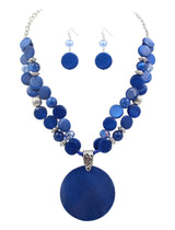 Xalroco Blue Layered Beads Statement Necklace for Women Big Colorful Glass Stone Circle Shell Pendant Necklace and Earring Set for Women