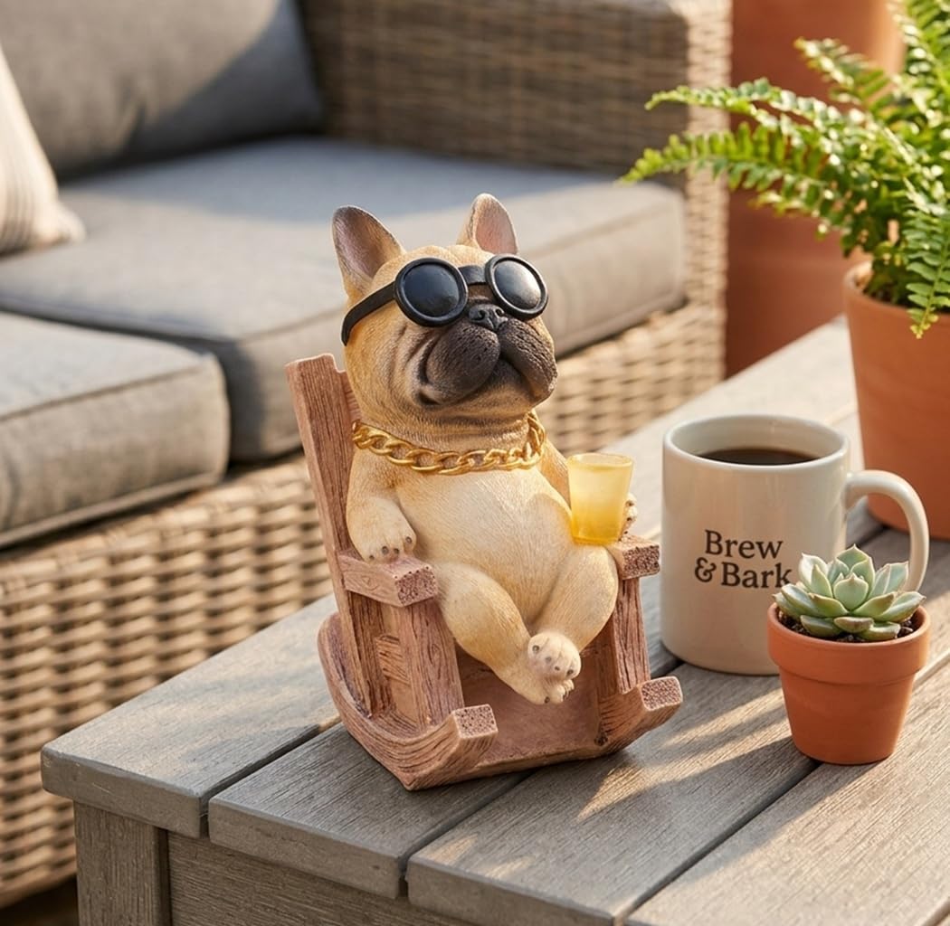 Scoomor Solar French Bulldog Garden Statue, Funny Frenchie Dog Figurine for Outdoor Yard, Patio, & Lawn Décor, Unique Frenchie Gifts for Housewarming & Birthday,7 Inch Resin (Fawn)
