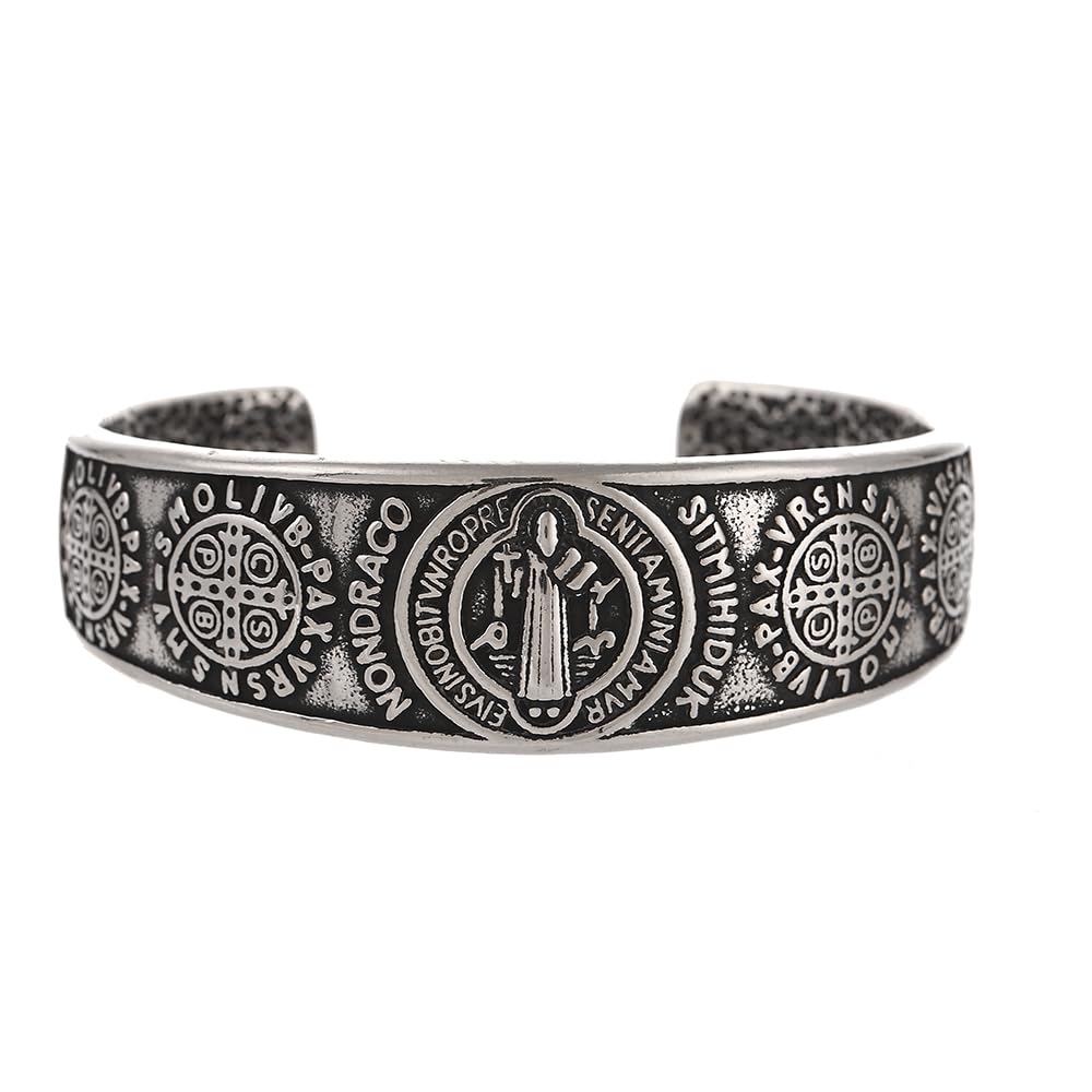 BaBakiak St Benedict Exorcism Medal Cuff Bracelet, Stainless Steel Christian Catholic Roman Cross Bangle, Patron Saint Amulet Medal Jewelry