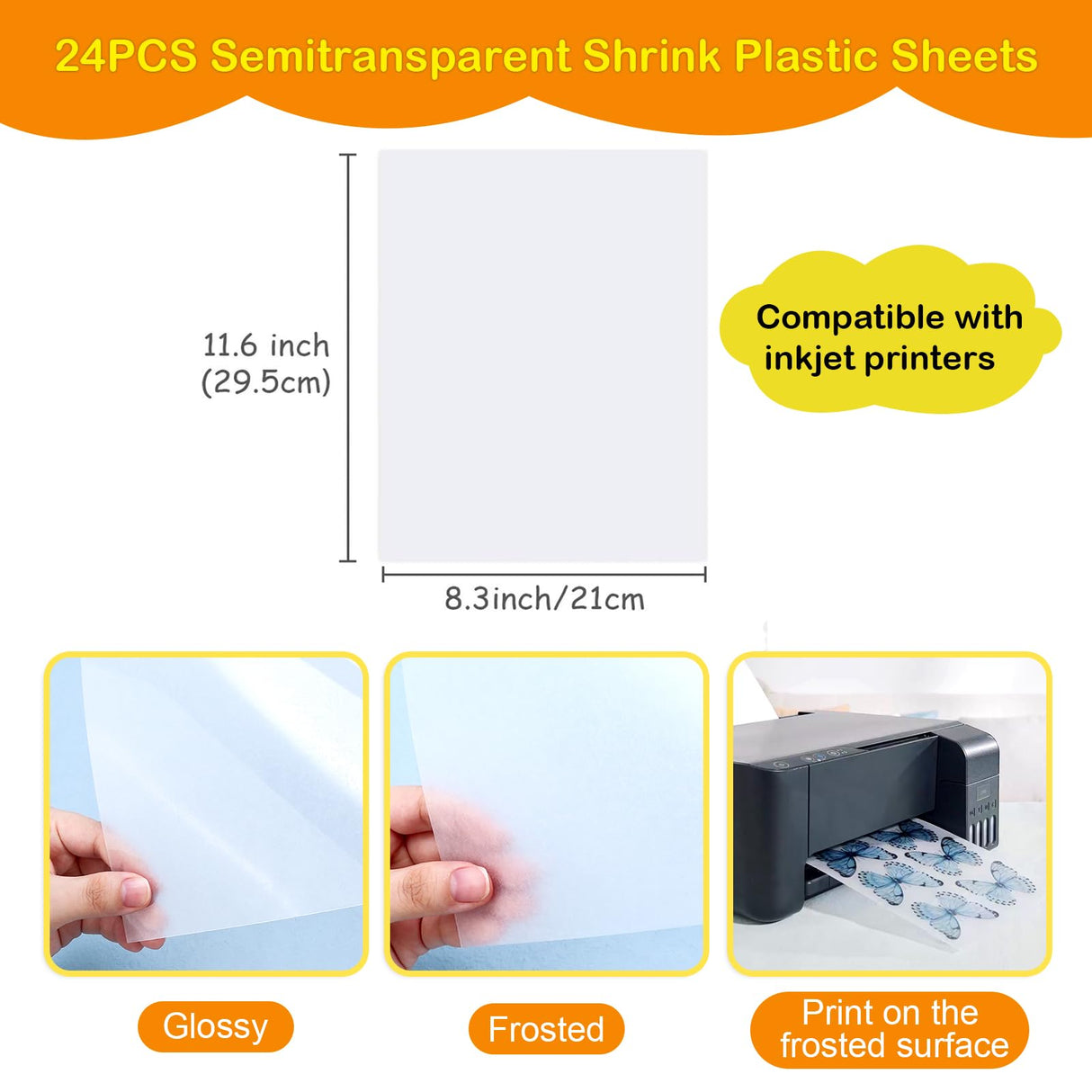 Auihiay 24 Sheets Printable Shrink Dink Sheets, Semi-Transparent Shrinky Films Papers for Inkjet Printer, Printable Shrinky Plastic for DIY Crafts Gifts and Keychain Making Christmas Ornament