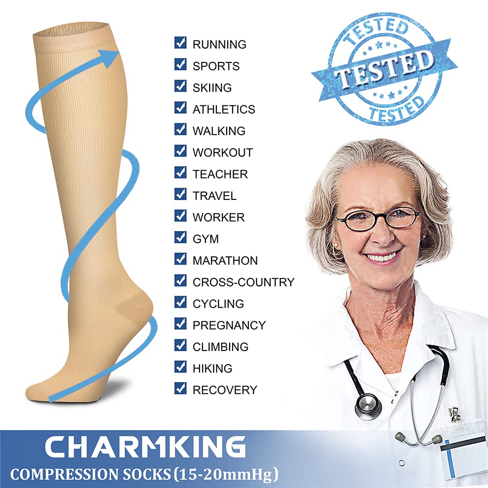 CHARMKING Compression Socks for Women & Men (8 Pairs) 15-20 mmHg Graduated Copper Support Socks are Best for Pregnant, Nurses - Boost Performance, Circulation, Knee High & Wide Calf (S/M, Nude)