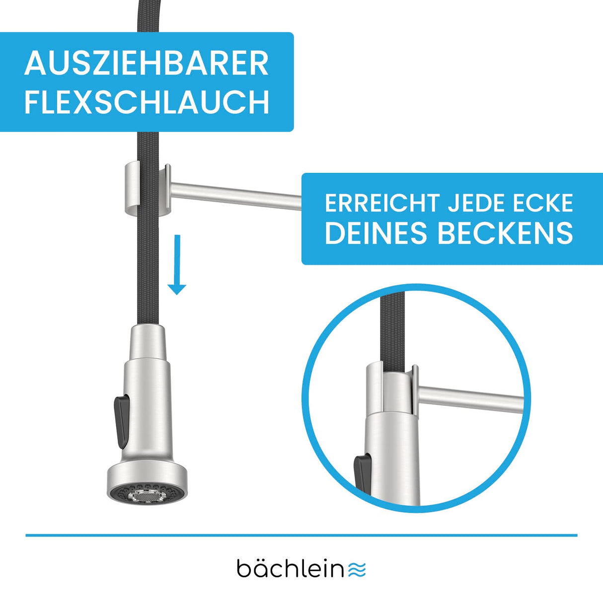 Bächlein Nedo Kitchen Faucet - 360° Rotatable (Brushed Stainless Steel) - Single Lever Mixer Tap Made of Stainless Steel with Flexible Neck and Shower with Switch Knob, Tap for Kitchen