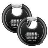 DELSWIN 4-Digit Disc Combination Lock Outdoor - Heavy Duty Combination Padlocks with Hardened Steel Shackle Weatherproof Combo Locks for Gates,Sheds,Fence,Storage Unit (3/8" Shackle, Black,2 Pcs)