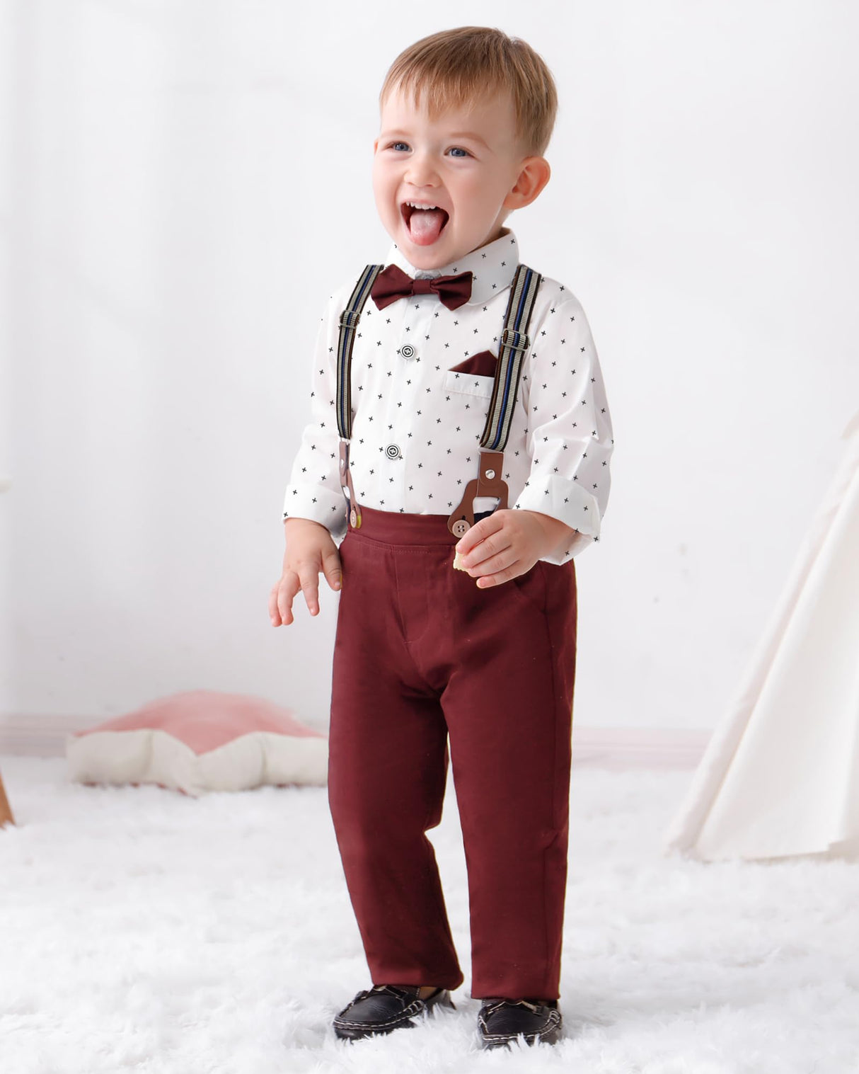 DISAUR Boys Church Outfit Short Sleeve White Flower Dress Shirt Bow Tie Suspender Christmas Red Plaid Pants Toddler Formal Outfit Boy 2t 3t 2-3t